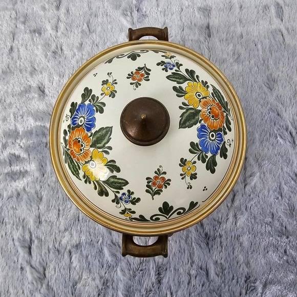 ASTA Kitchen Vtg Asta Enamel Cookware Old Amsterdam Brass 7 2qt Dutch Oven Casserole Floral